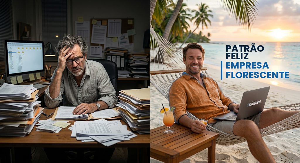 Empresário sobrecarregado com papelada, sem a Ekkakeo, ao lado de um empresário relaxado numa praia com a Ekkakeo, patrão feliz e empresa a florescer
